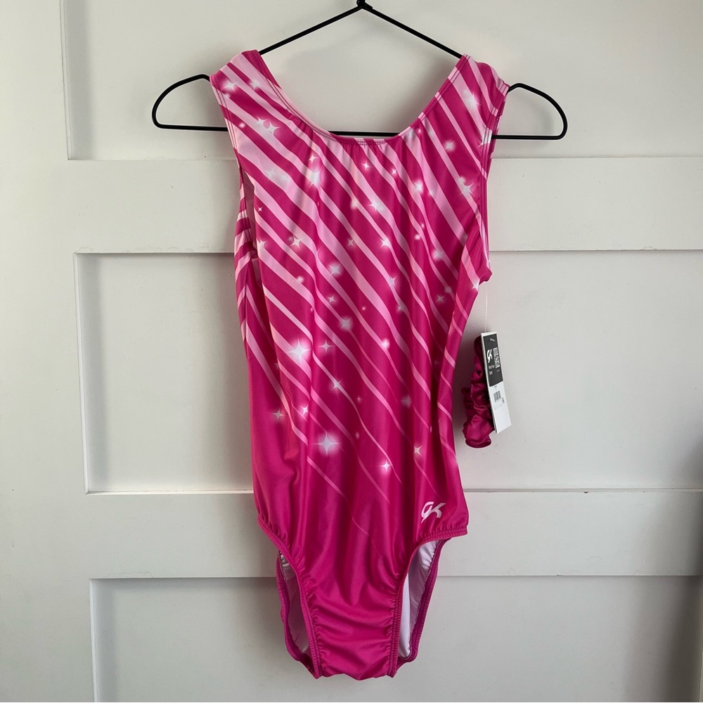 GK | NWT Shimmering Lights Pink & White Training Leotard with Scrunchie sz AL